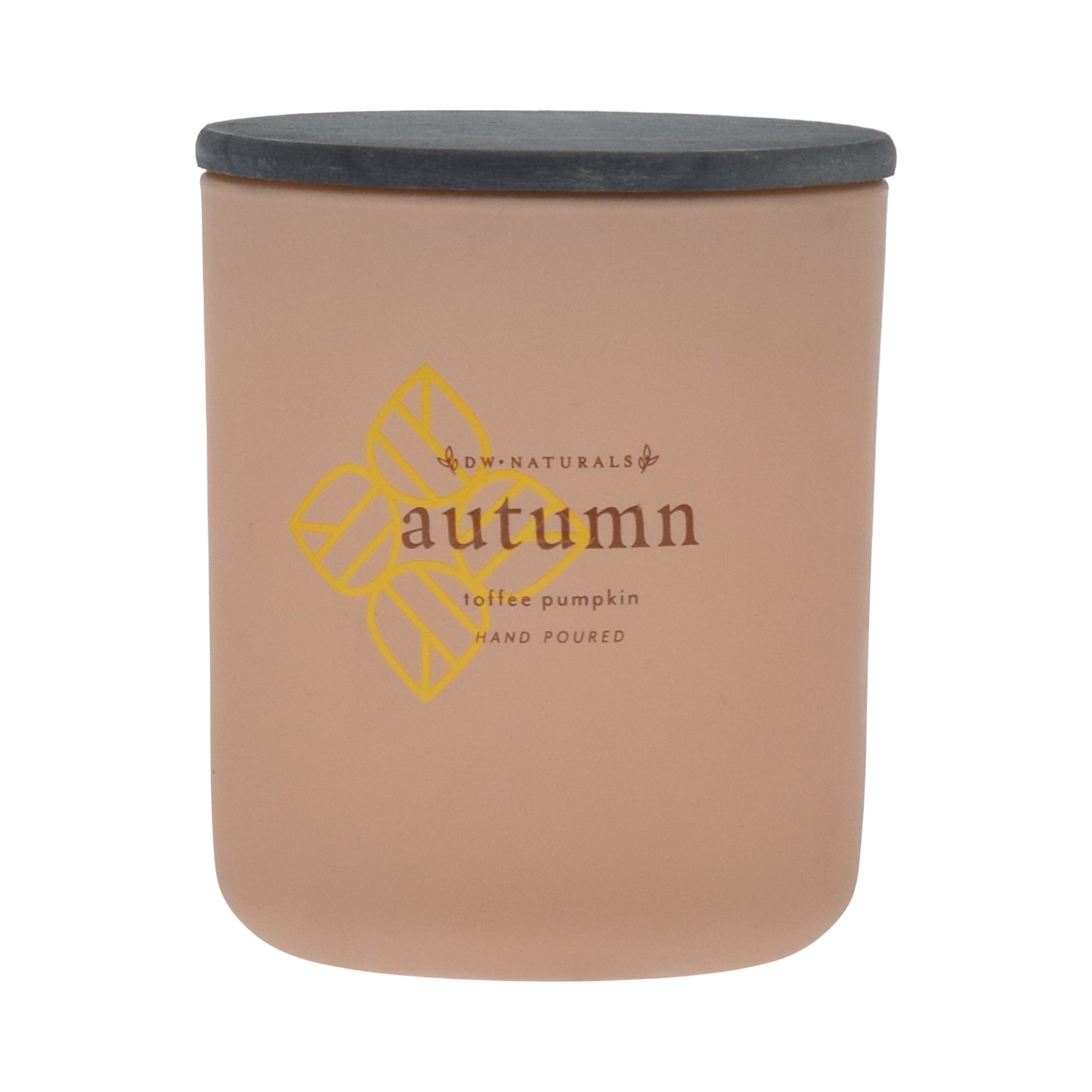 Tan candle jar with 'autumn' and 'toffee pumpkin' text on a tan background