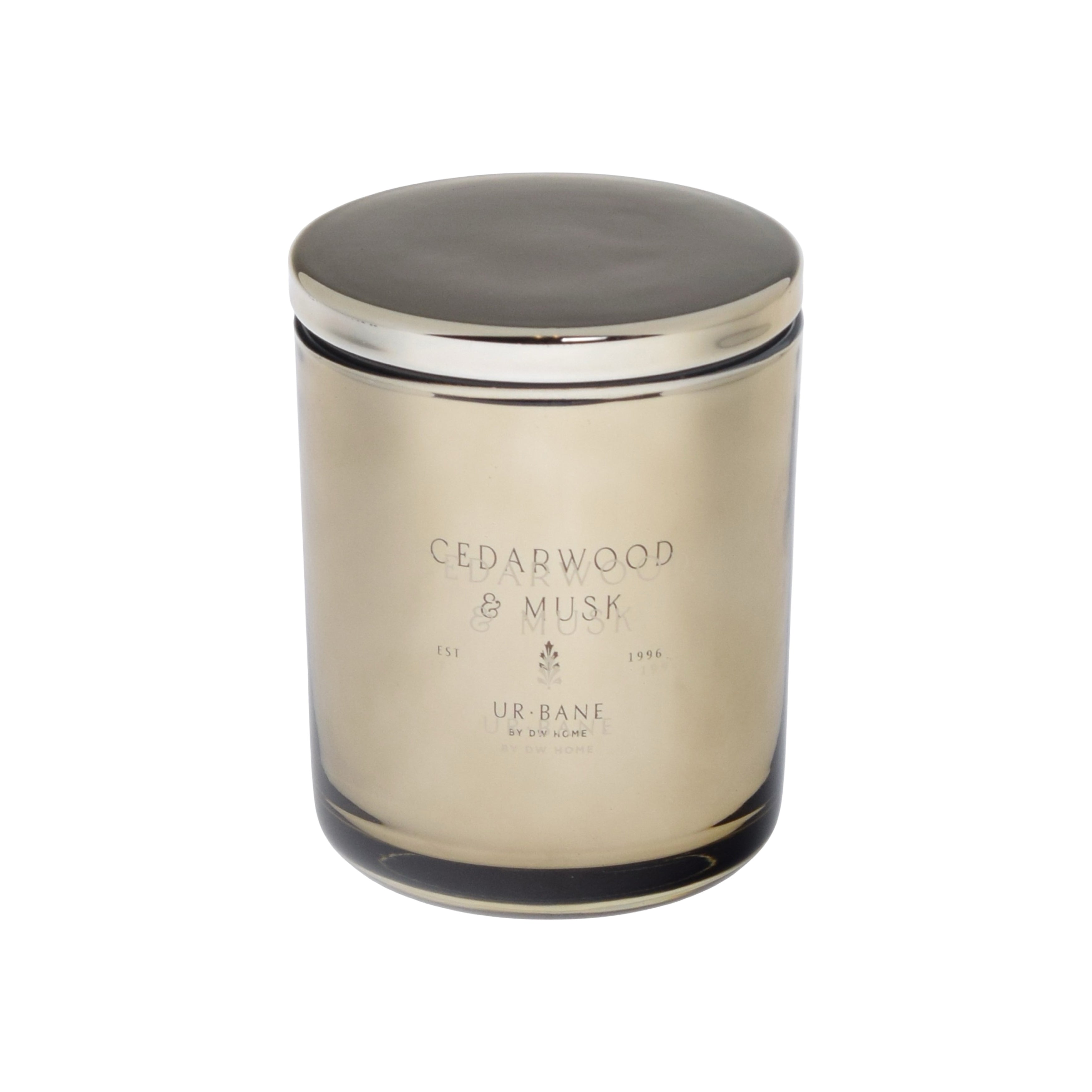 Metallic candle with 'Cedarwood & Musk' fragrance on a metallic background