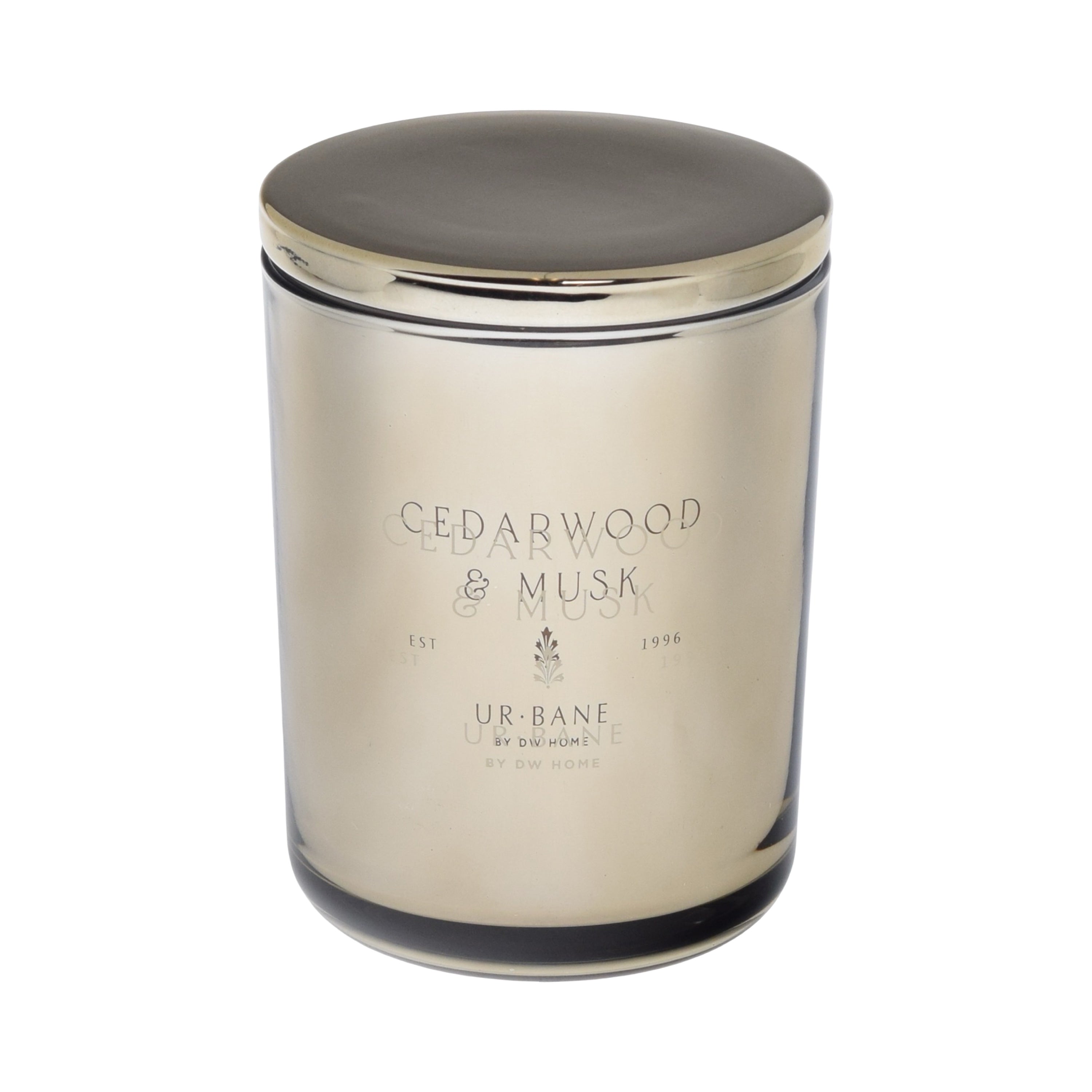 Metallic candle with 'Cedarwood & Musk' fragrance on a metallic background