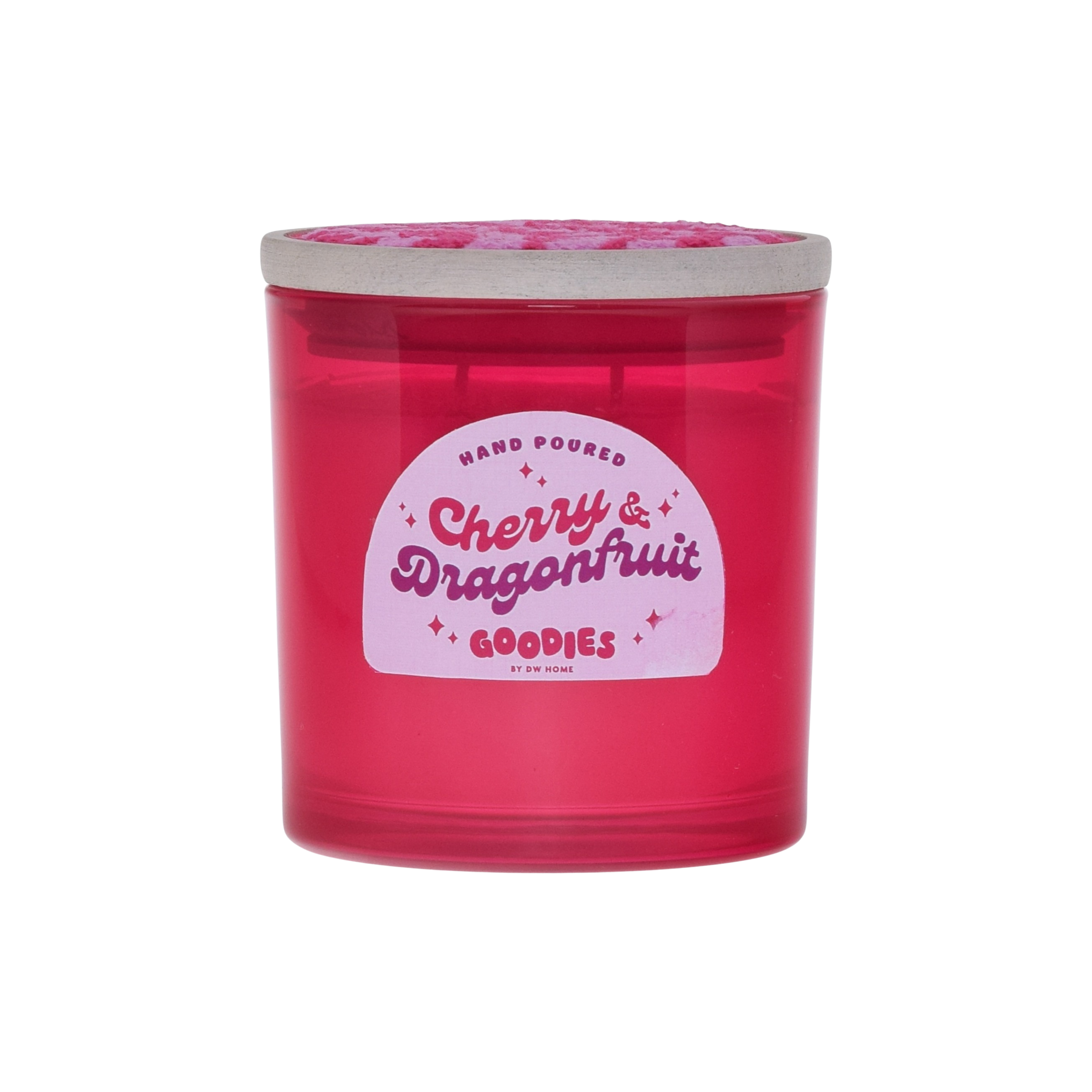 Pink, cherry dragonfruit candle with wooden lid.