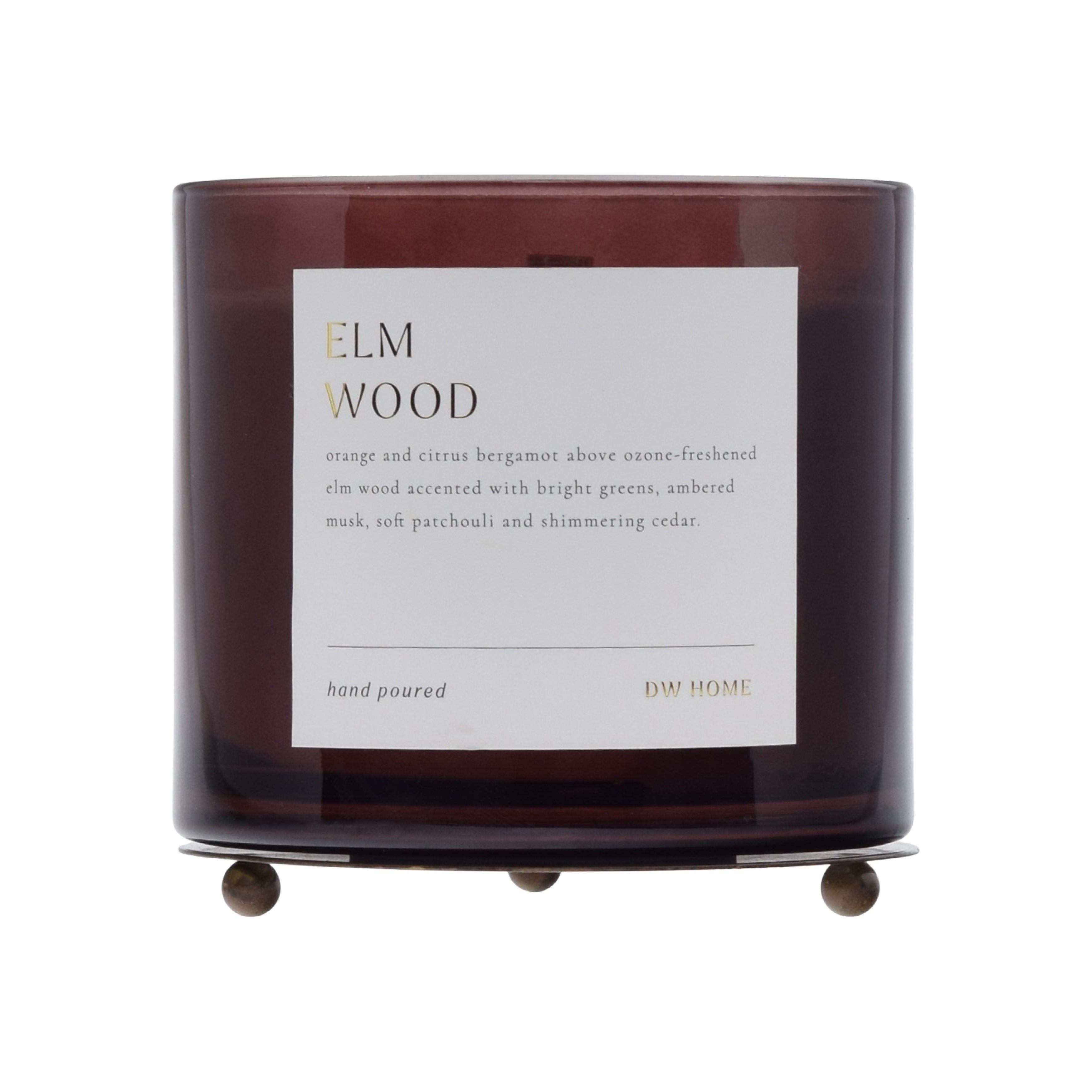 Candle with 'Elm Wood' label on a white background