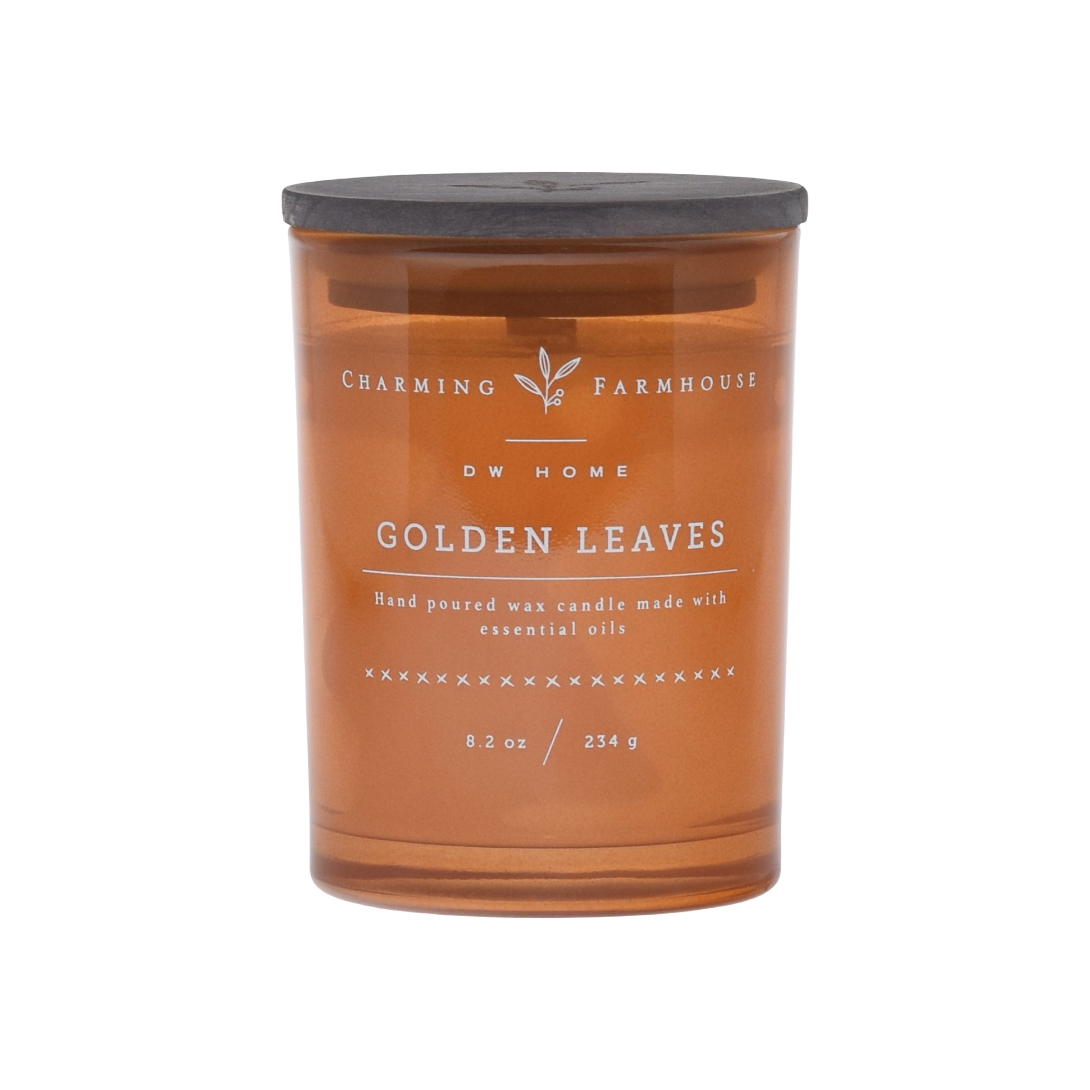 Golden Leaves candle with 'Charming Farmhouse' label on a dark orange background