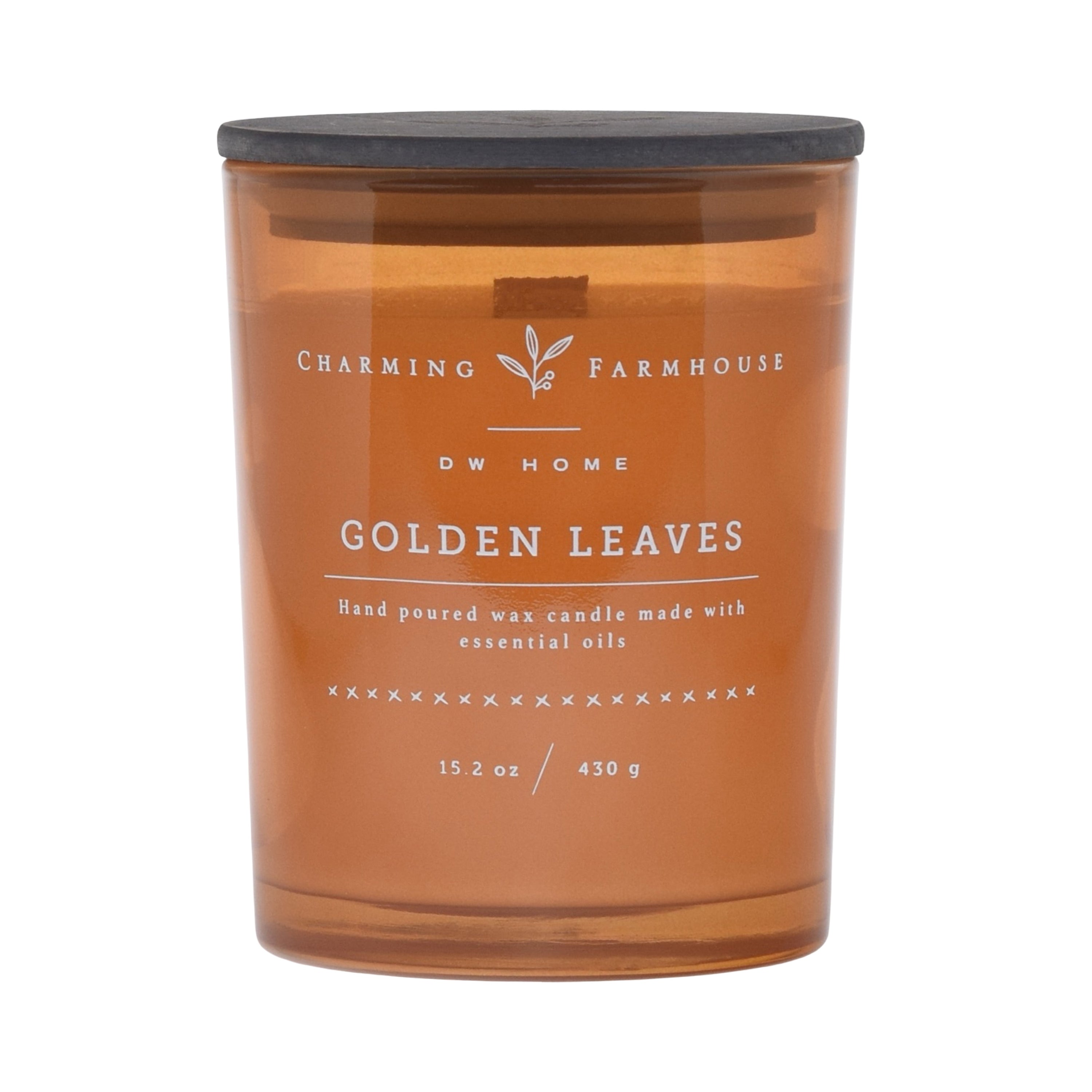 Golden Leaves candle with 'Charming Farmhouse' label on a dark orange background