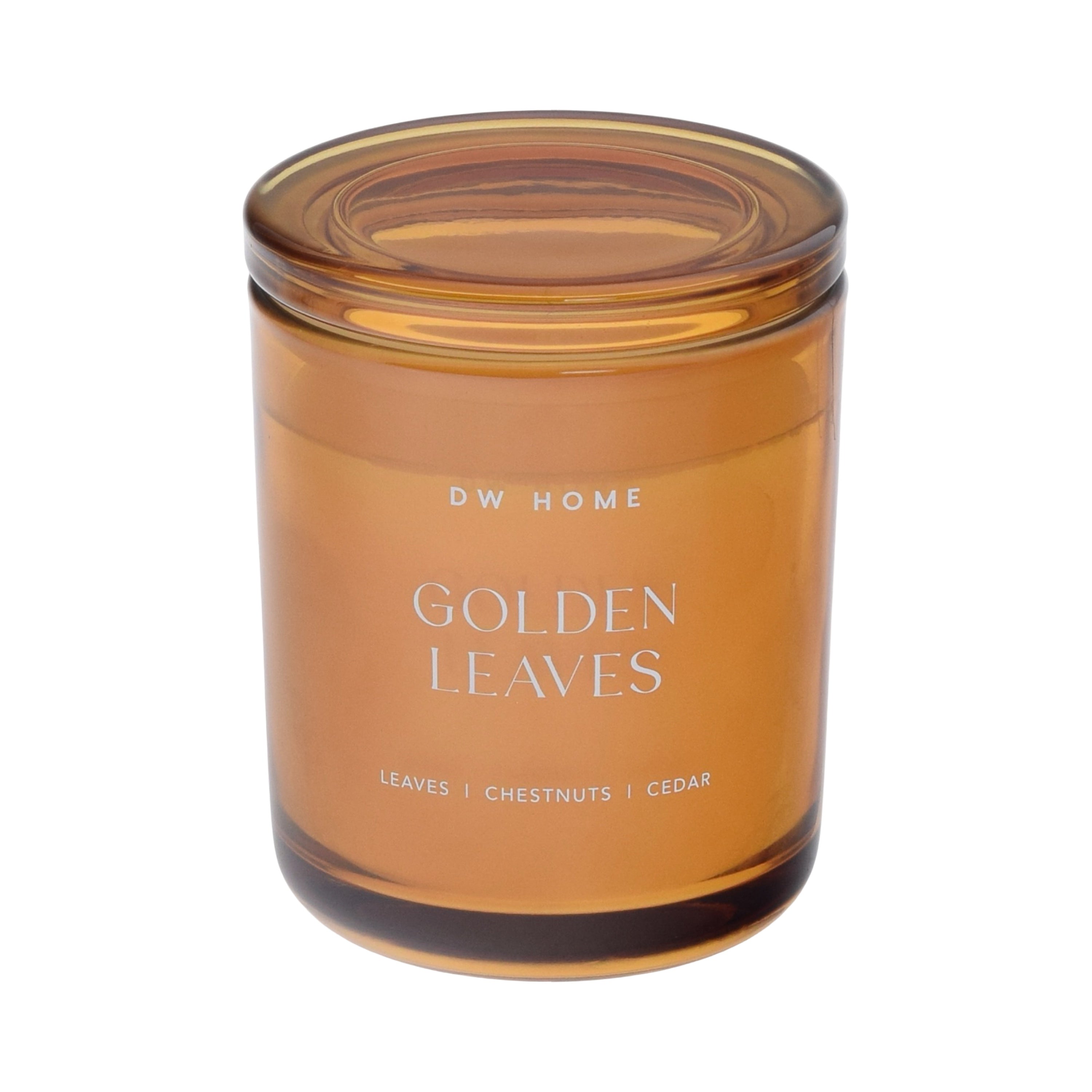 Orange DW Home 'Golden Leaves' candle in amber glass