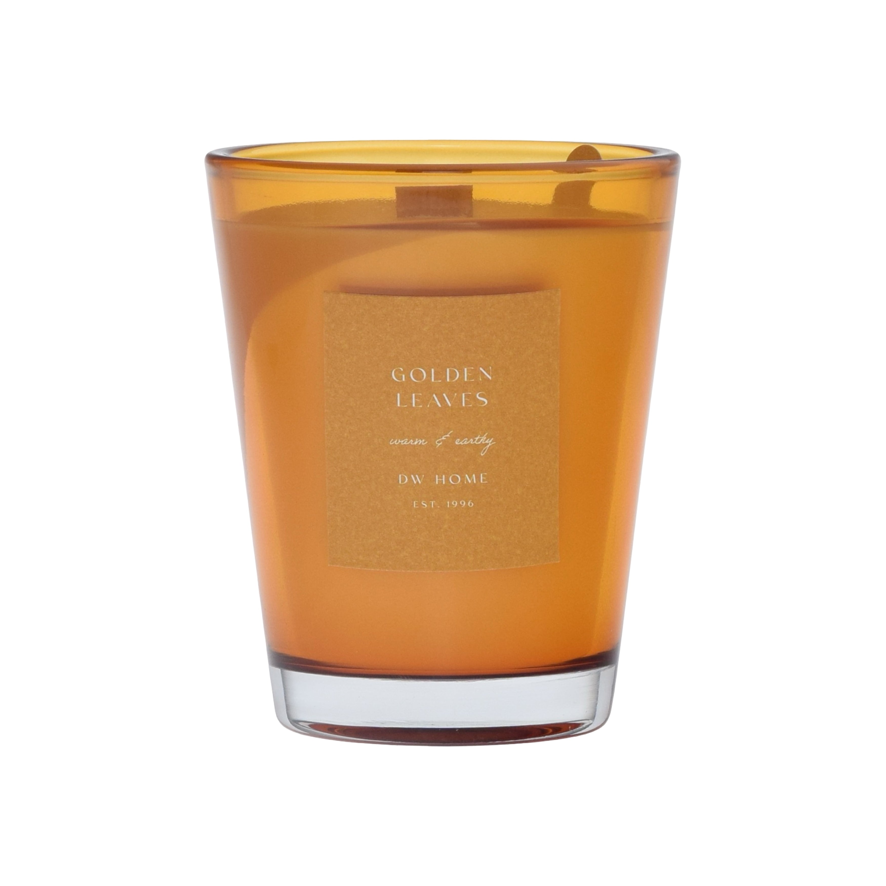 Golden vase glass candle with 'Golden Leaves' label on a golden background