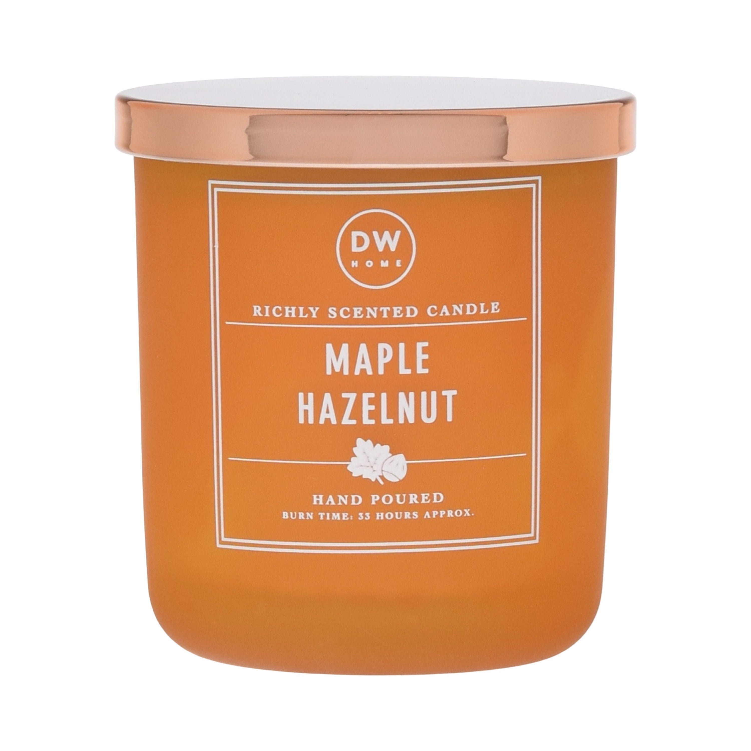 DW Home Maple Hazelnut candle with a white label on an orange background