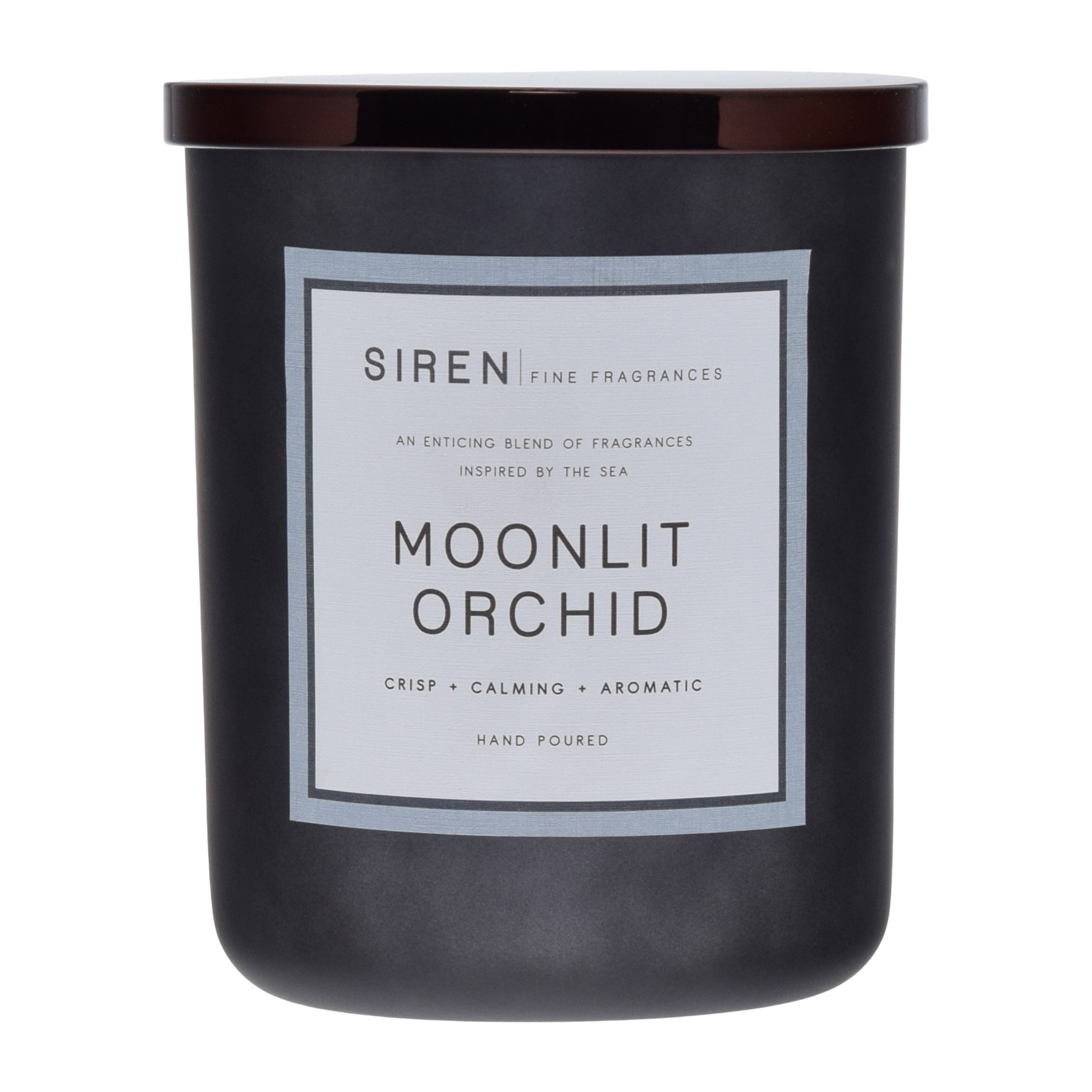 Black candle with 'Siren Fine Fragrances' label on a white background