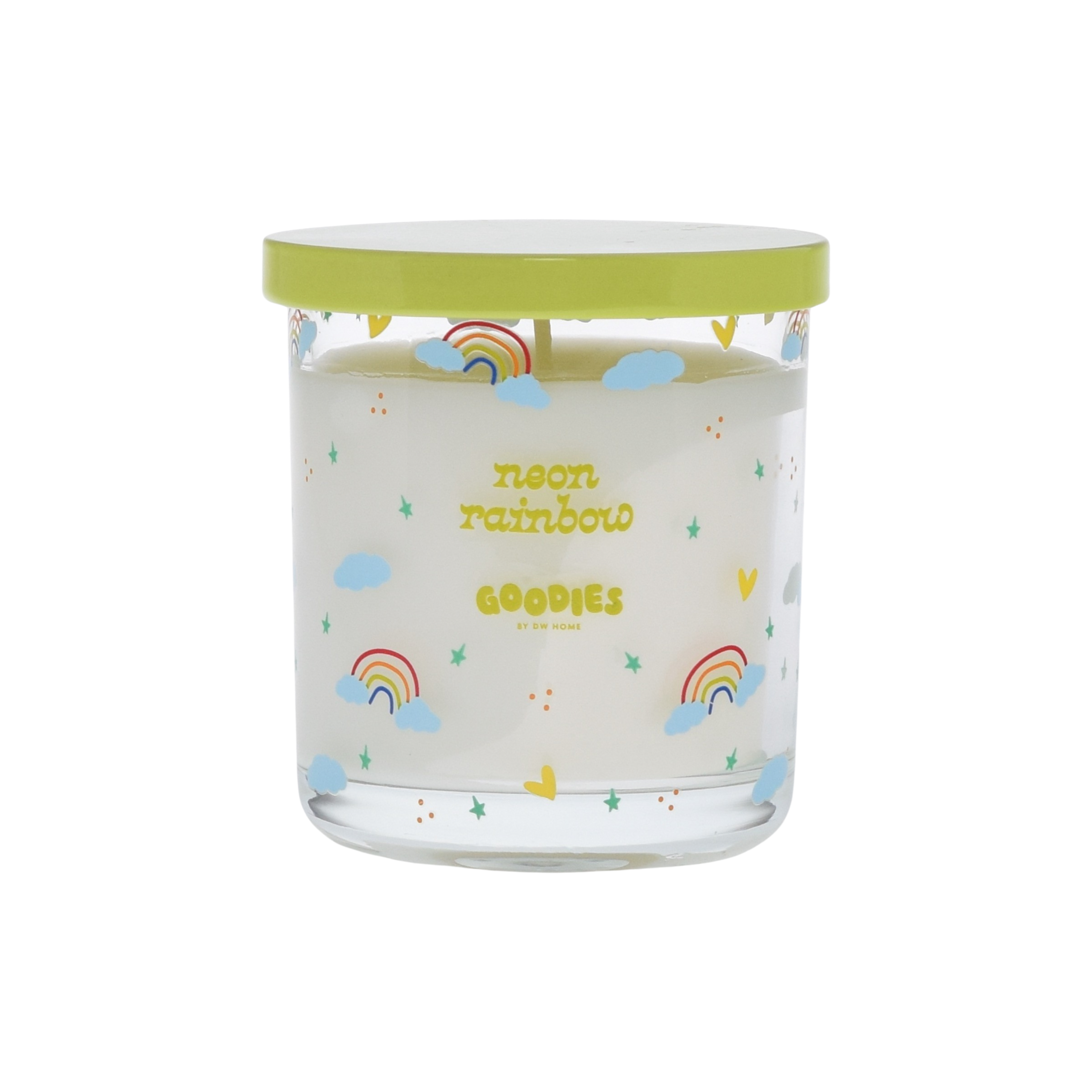 Goodies, neon rainbow candle with rainbows, clouds, and stars accents