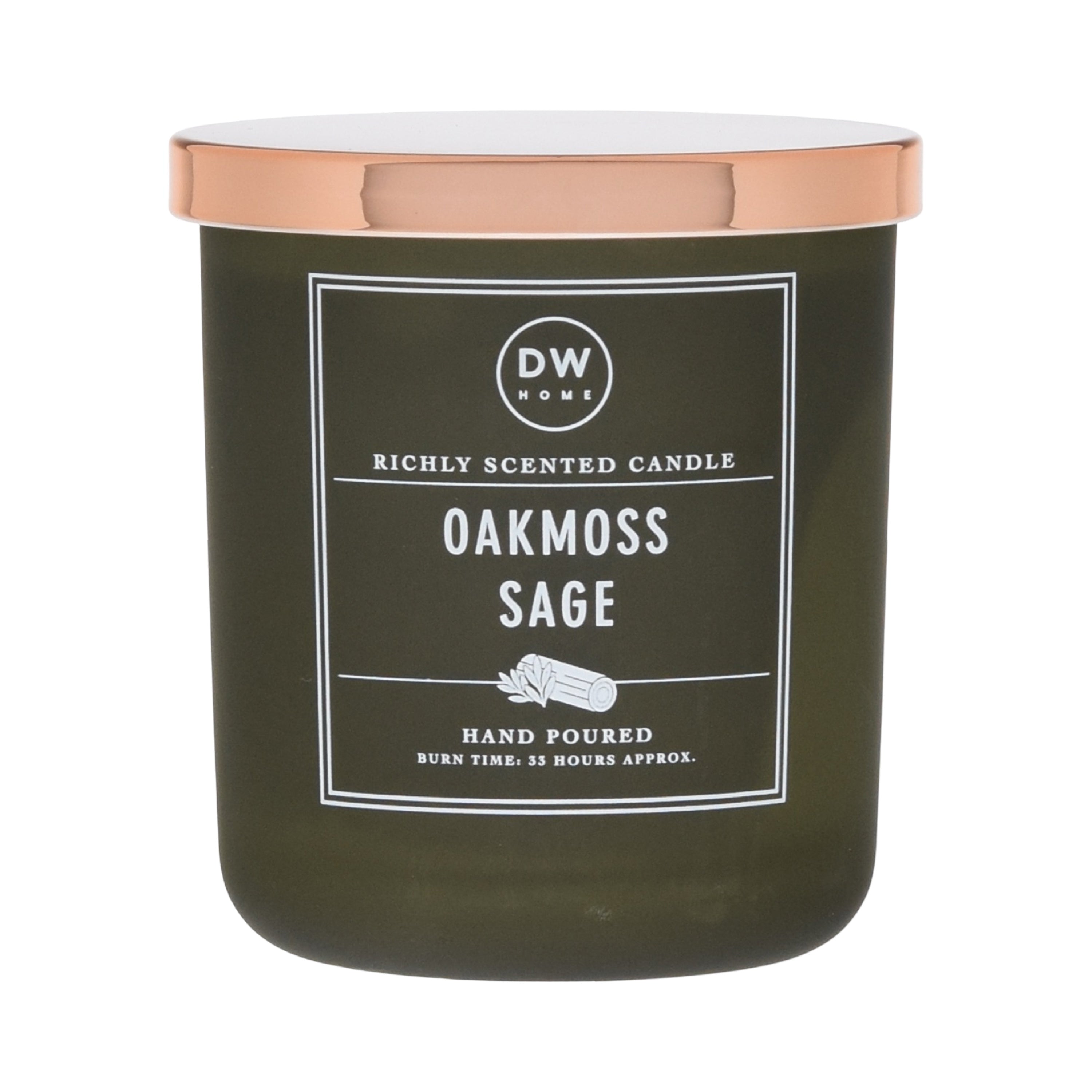 Green candle with a white label on a white background