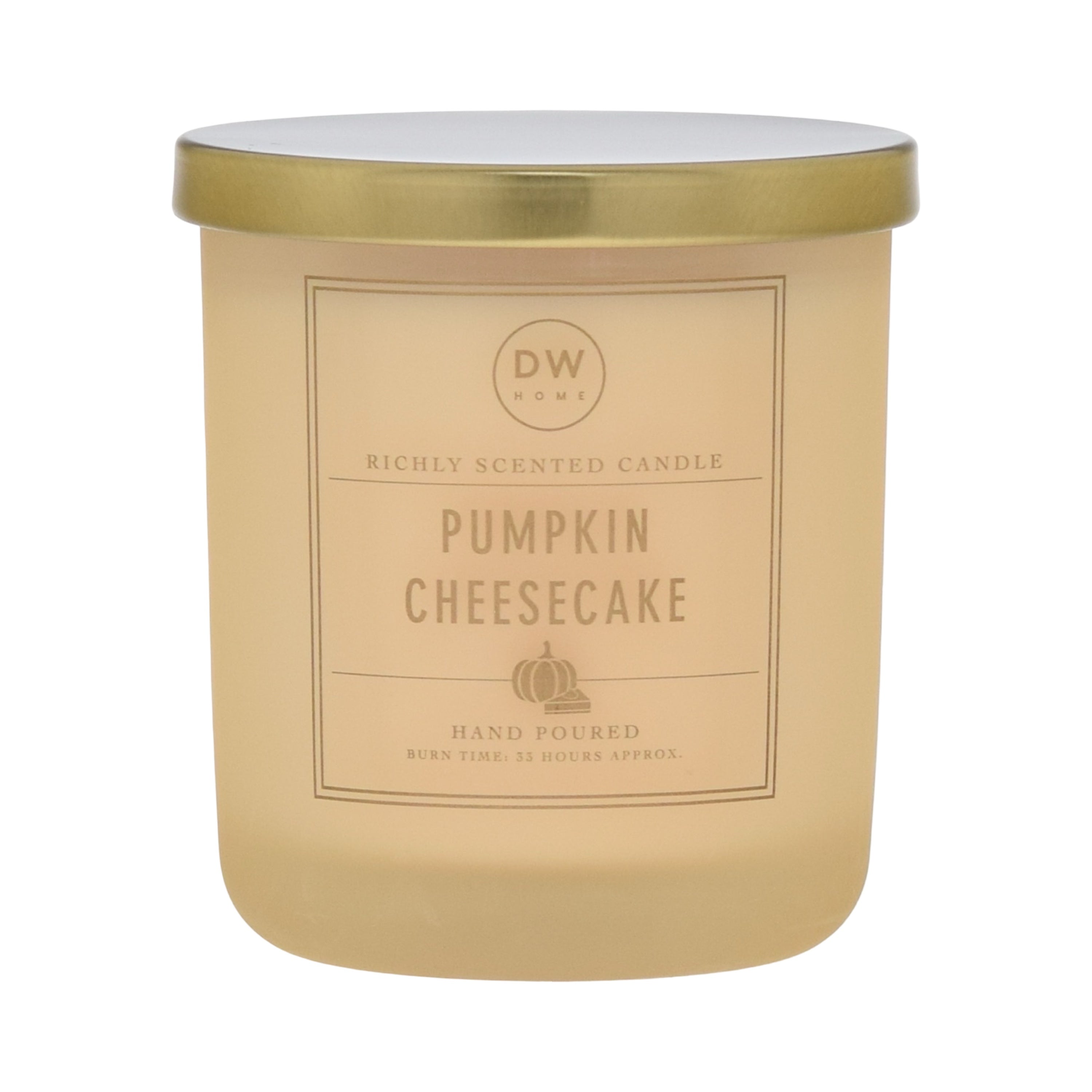 Gold candle jar with 'Pumpkin Cheesecake' label on a white background