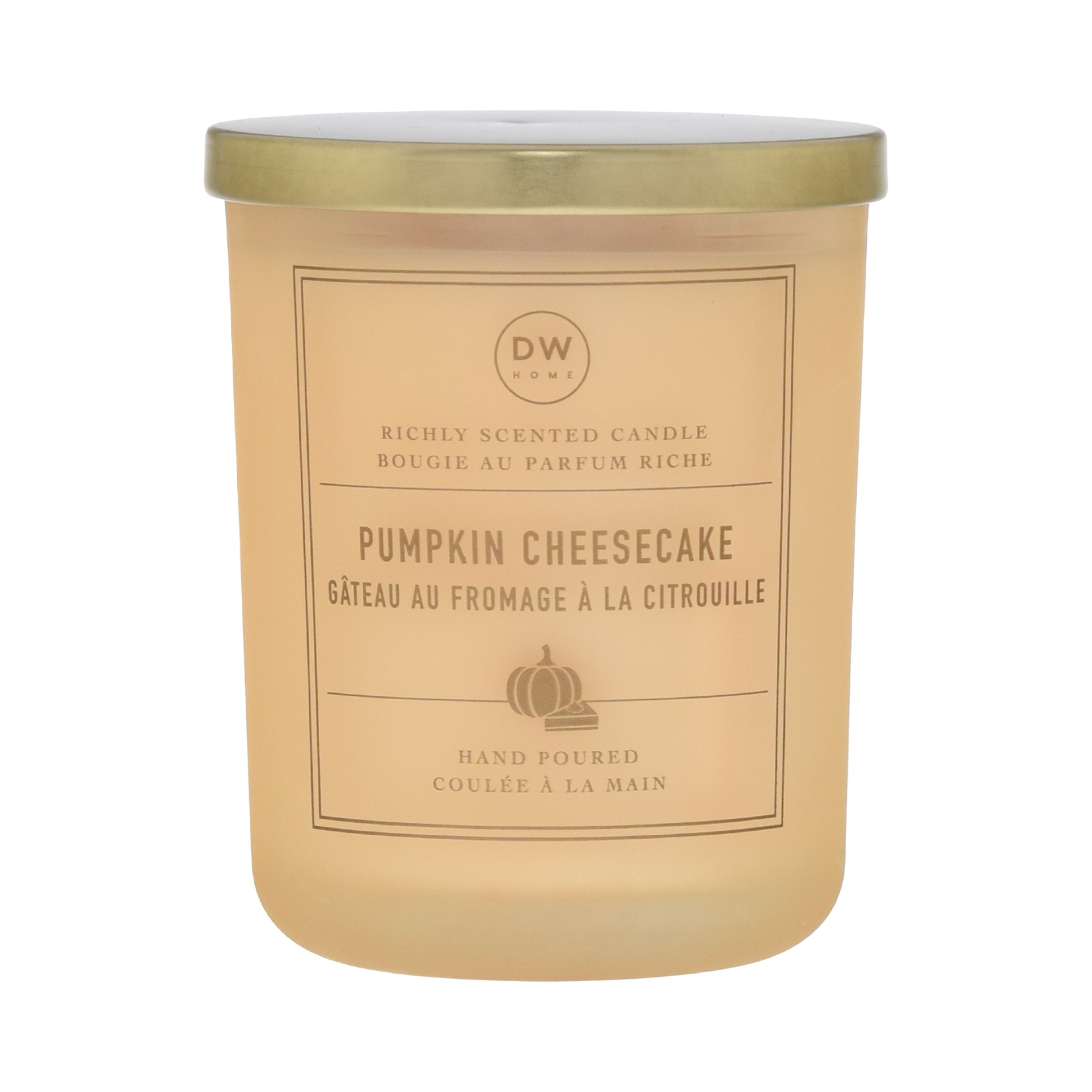 Candle with 'Pumpkin Cheesecake' label on a beige background