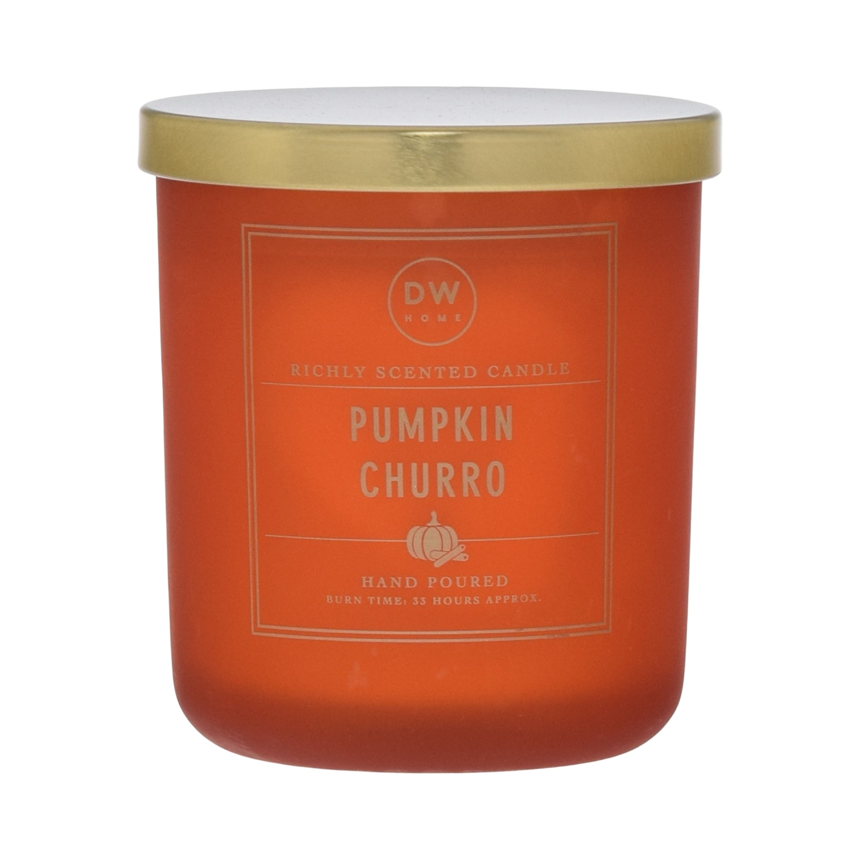 Orange candle with gold lid labeled 'Pumpkin Churro' on a white background