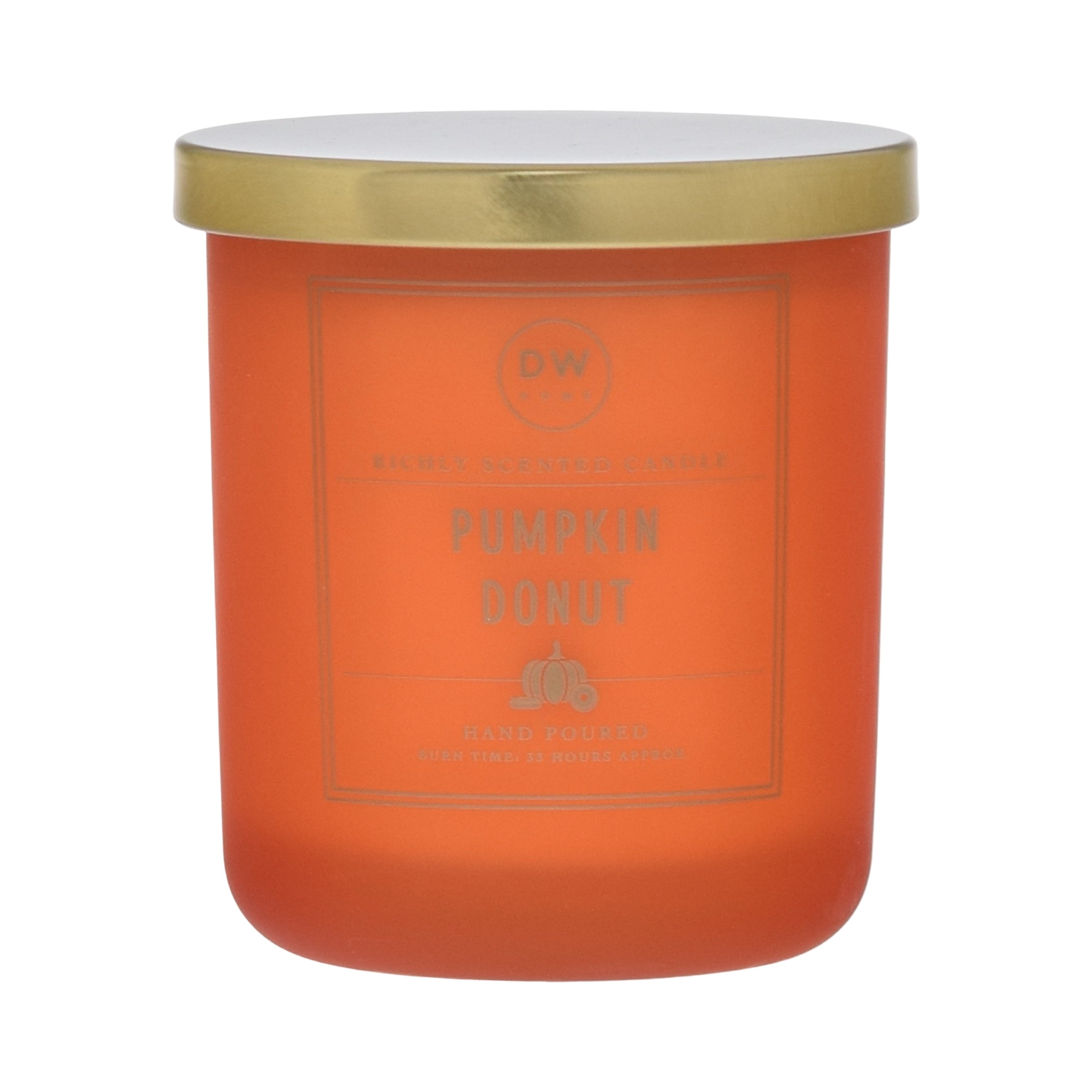 Orange candle with a gold lid labeled 'Pumpkin Donut' on a white background