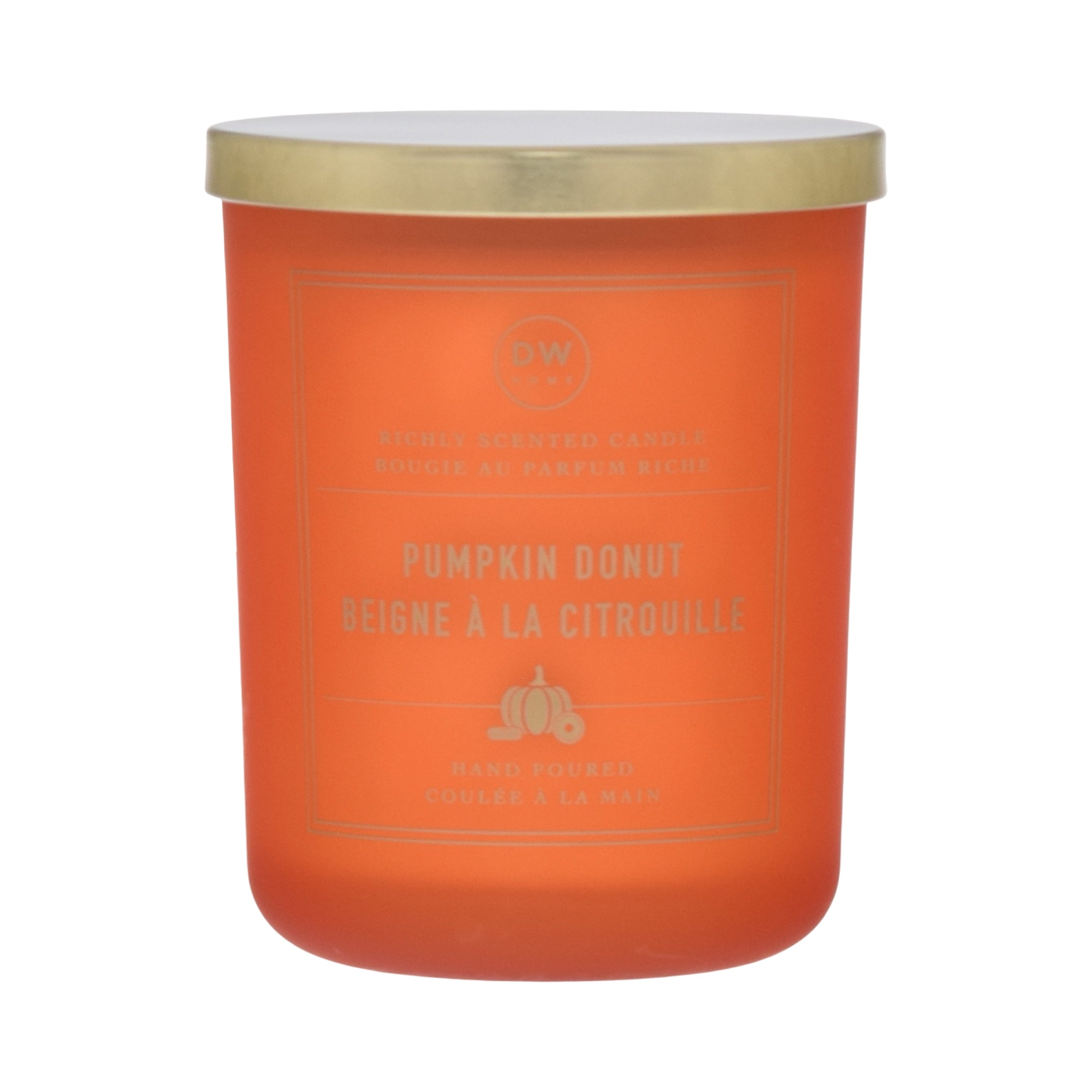 Orange candle with gold lid on a white background