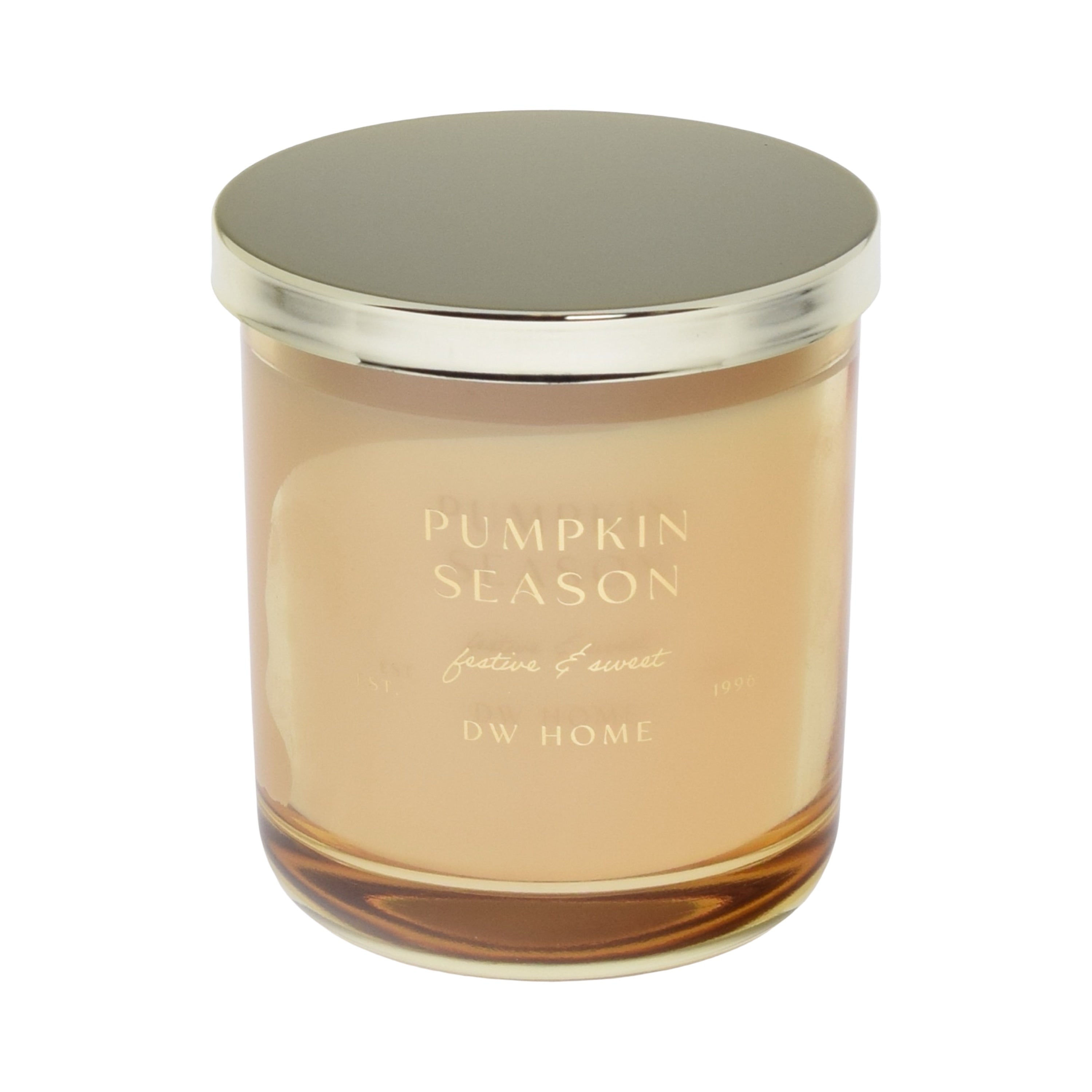 Glass candle with a gold lid labeled 'Pumpkin Season' by DW Home