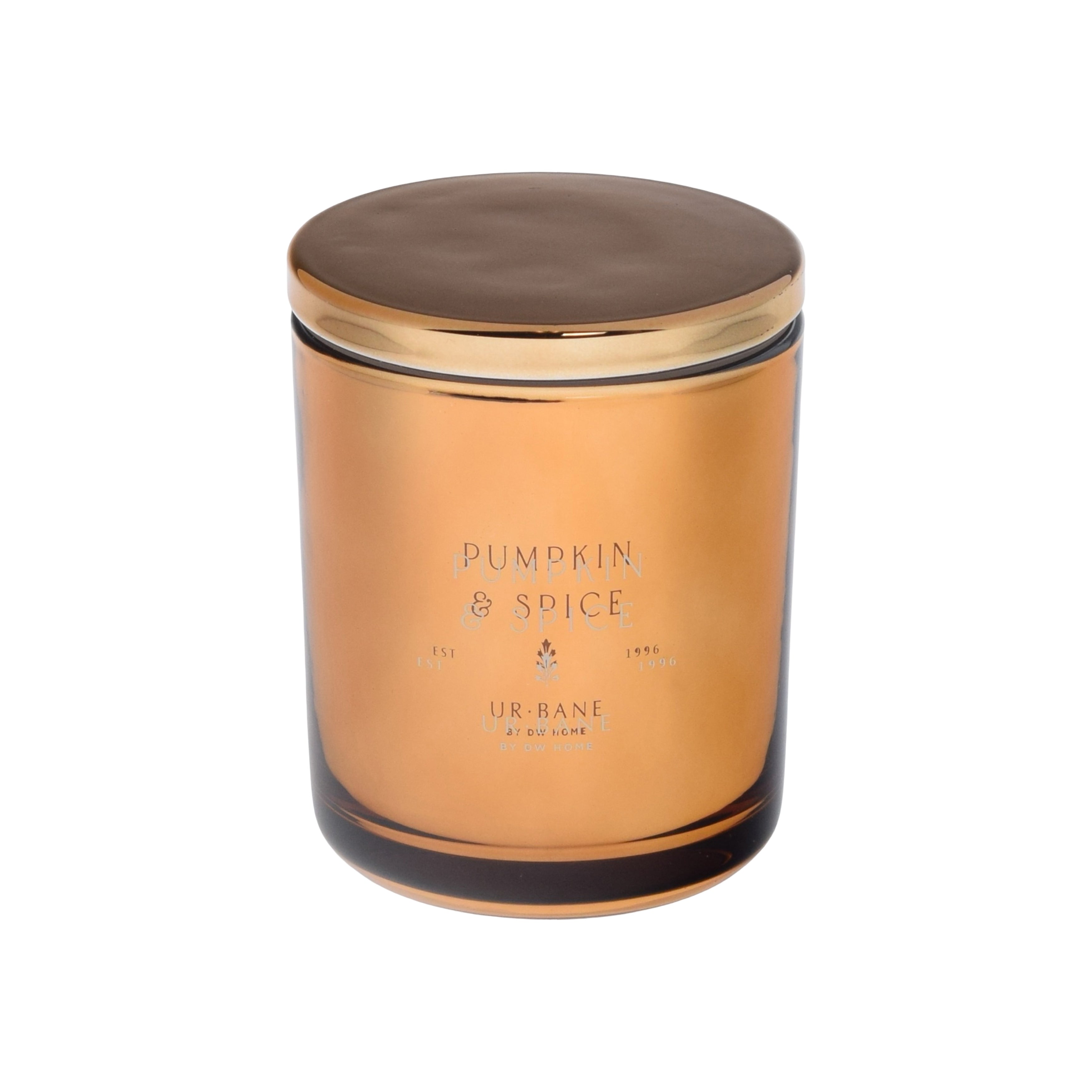 Candle jar labeled 'Pumpkin & Spice' by Ur-Bane on a metallic orange chrome background