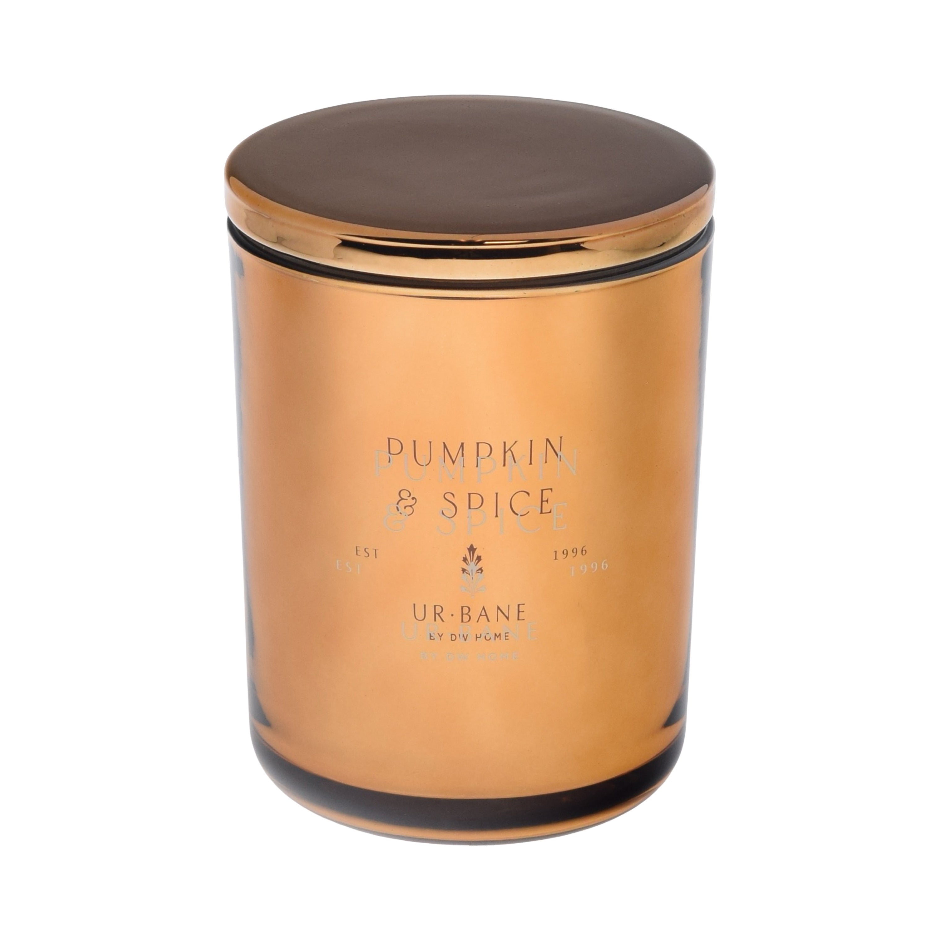 Candle jar labeled 'Pumpkin & Spice' by Ur-Bane on a metallic orange chrome background