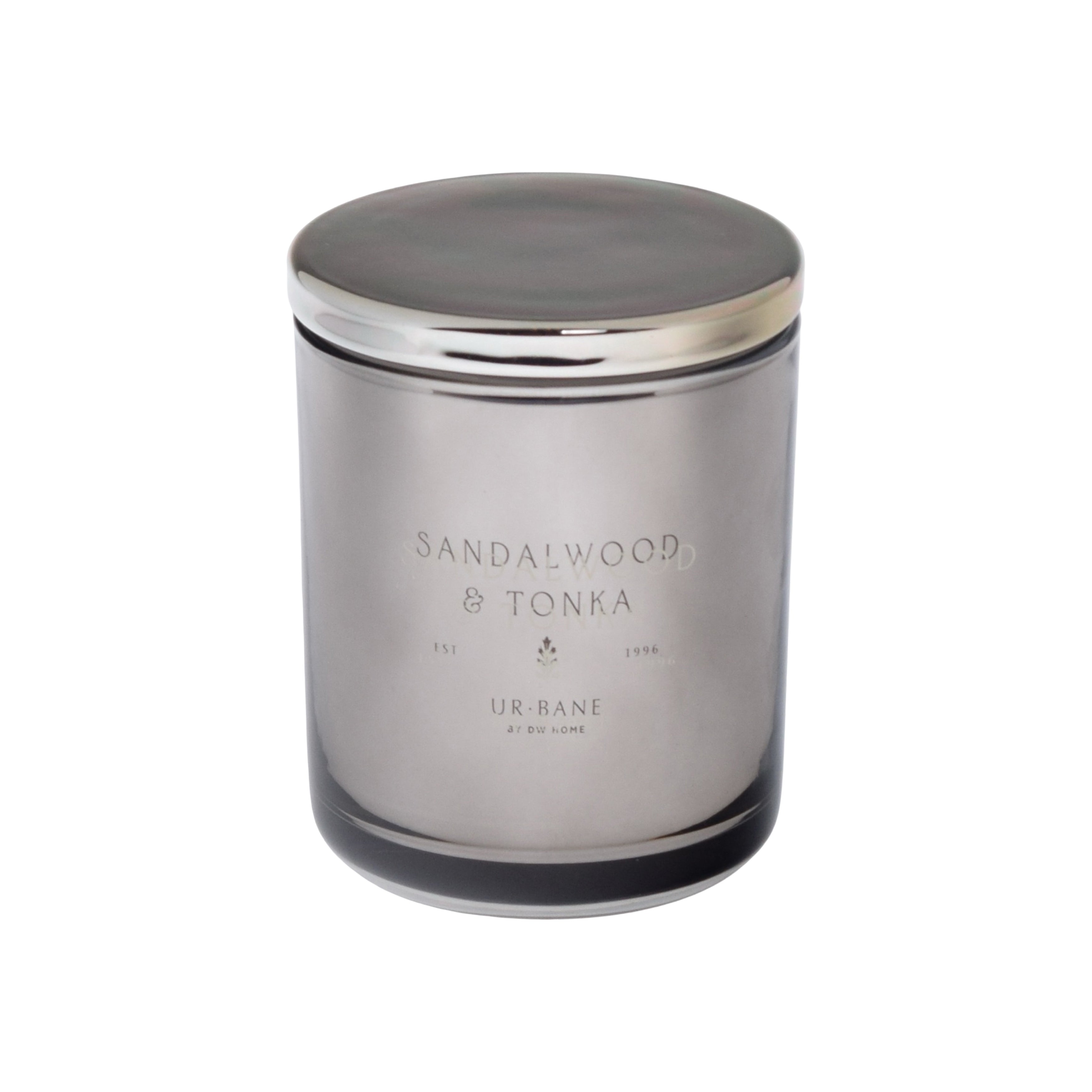 Metallic silver candle jar with 'Sandalwood & Tonka' branding on a metallic silver background