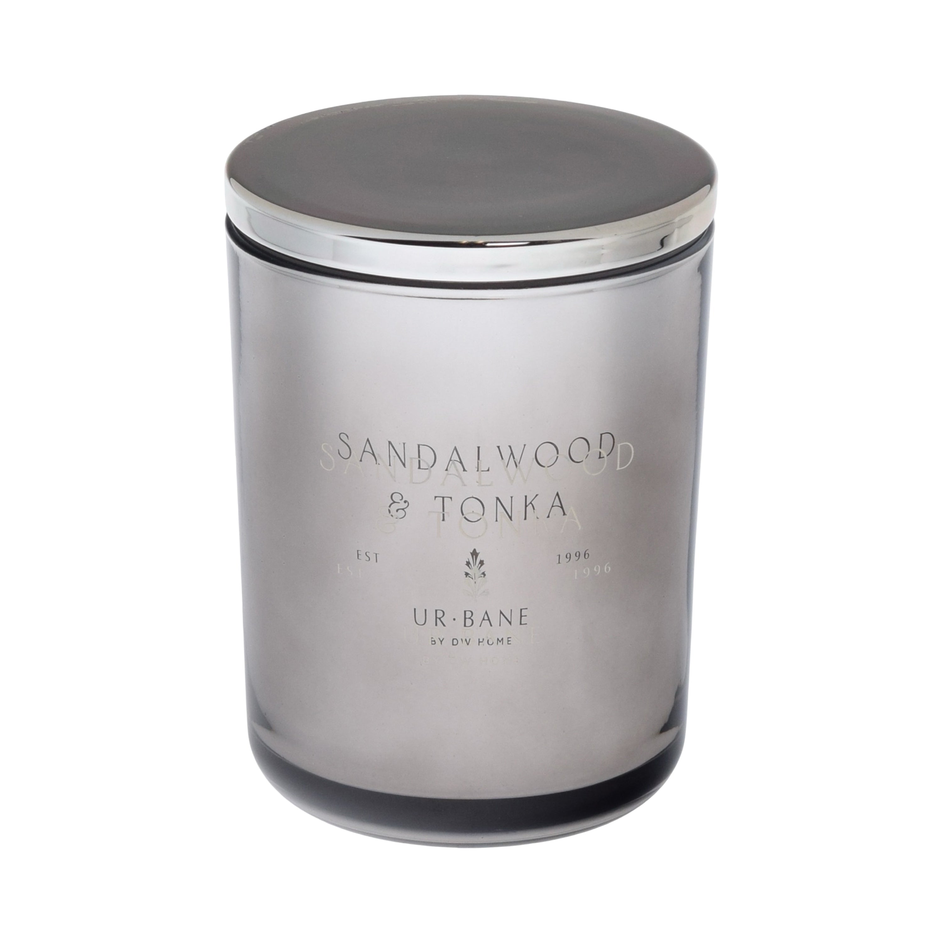 Metallic silver candle jar with 'Sandalwood & Tonka' branding on a metallic silver background