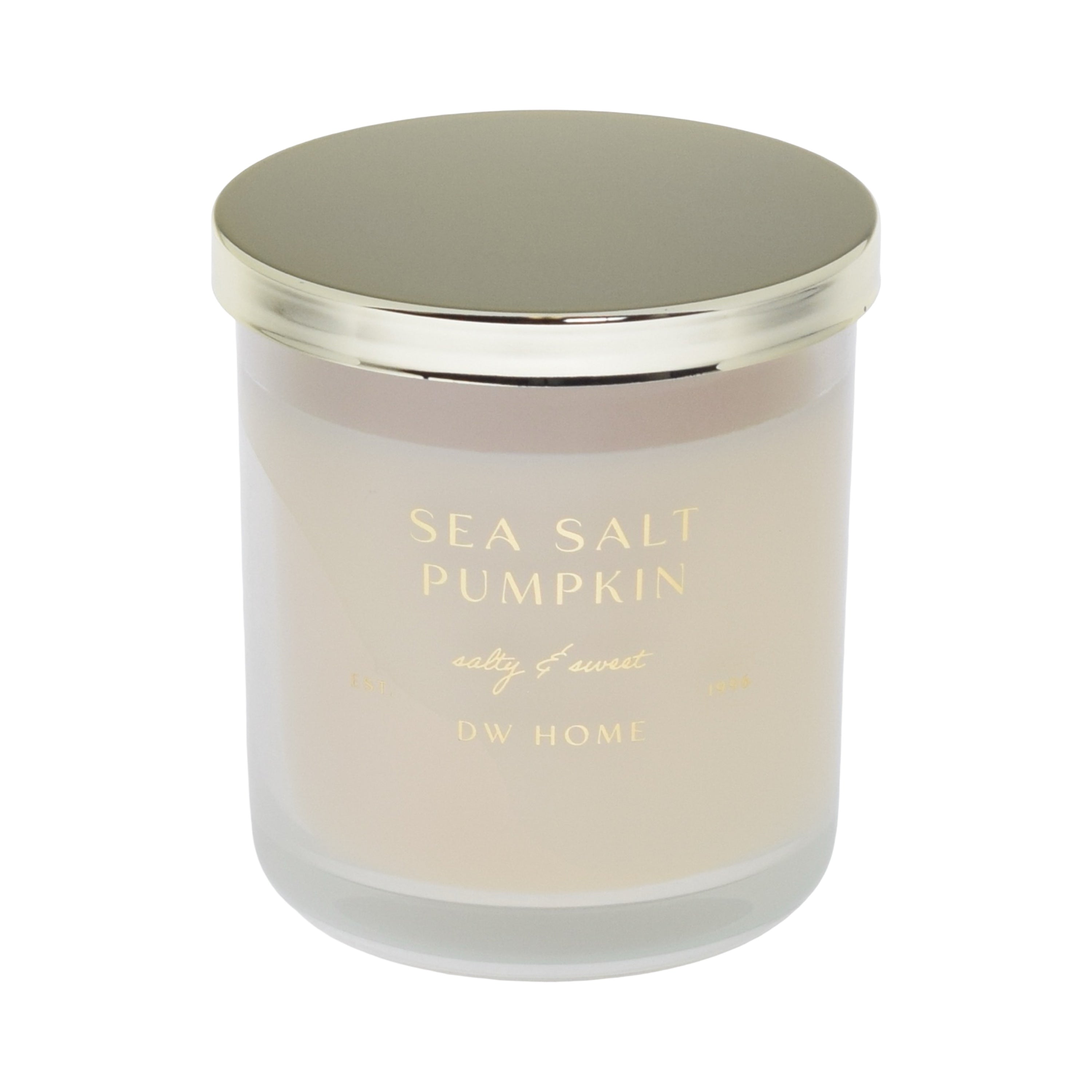 Candle with 'Sea Salt Pumpkin' and 'DW Home' text on a white background