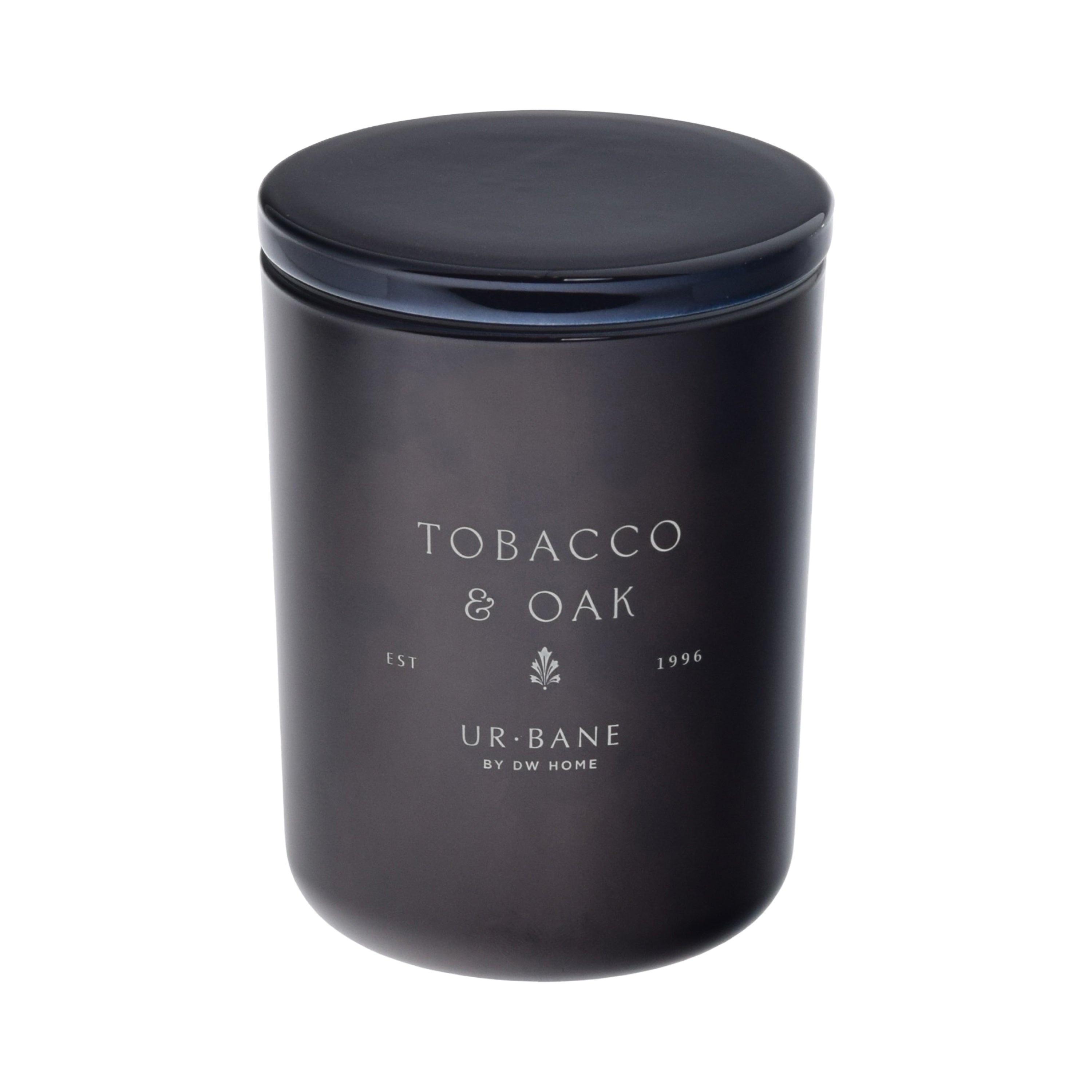 Black candle jar with 'Tobacco & Oak' and brand name on a black background
