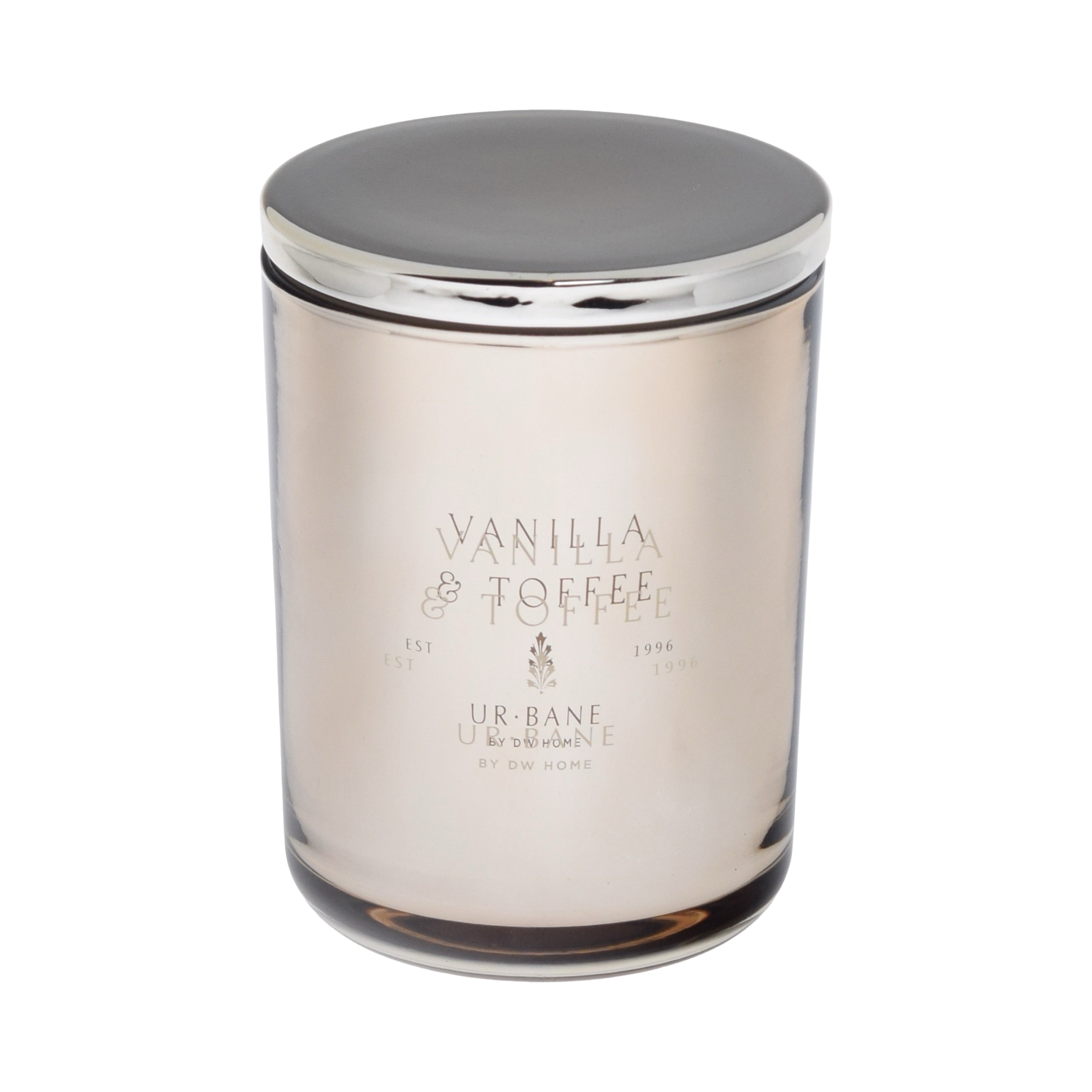 Candle with 'Vanilla & Toffee' fragrance on a chrome background